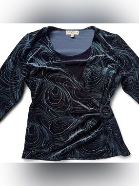 Vintage Y2K Velvet Faux Wrap Top Glitter Swirl Beaded Buckle